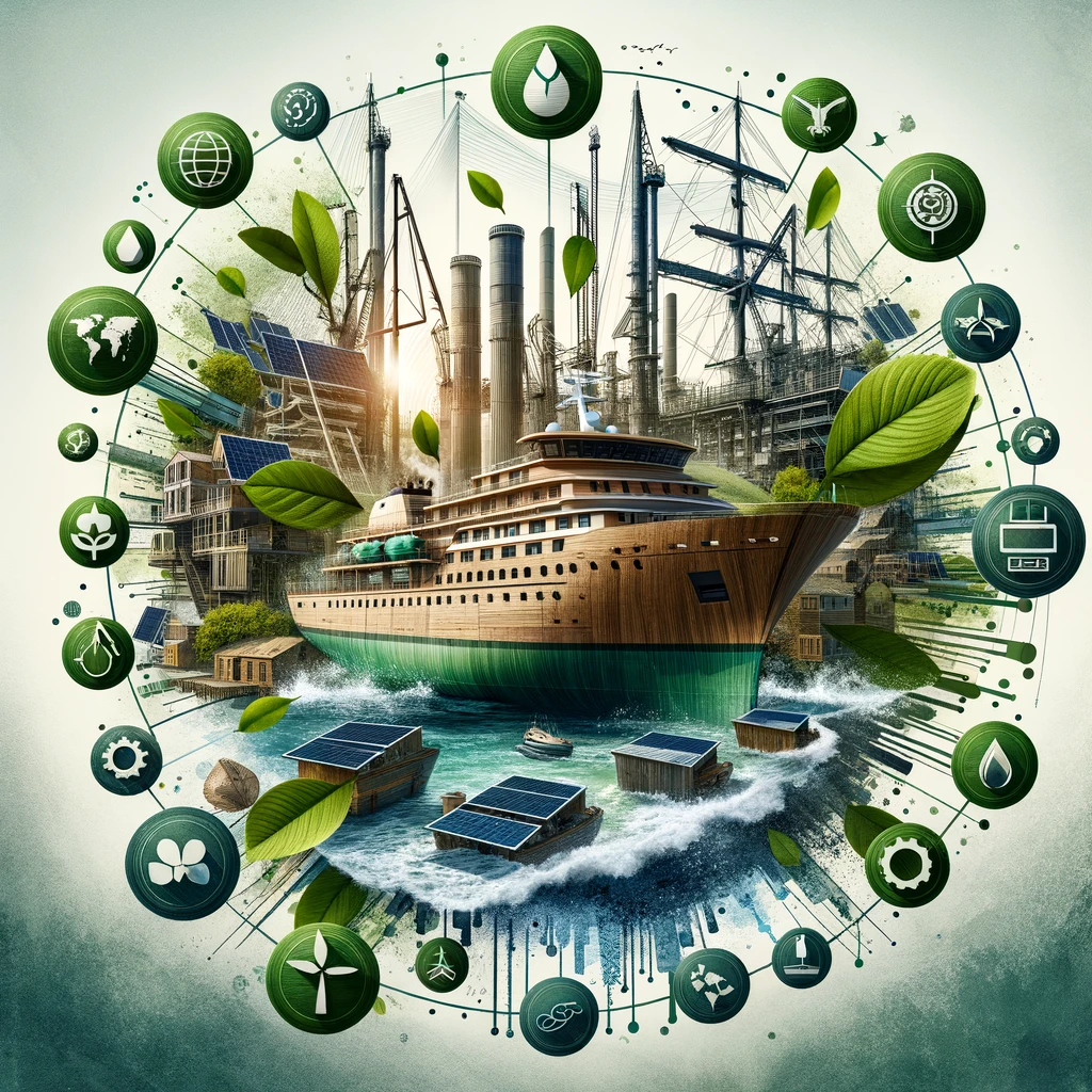 Collage de construcción naval sostenible con barcos de teca y símbolos de innovación verde.