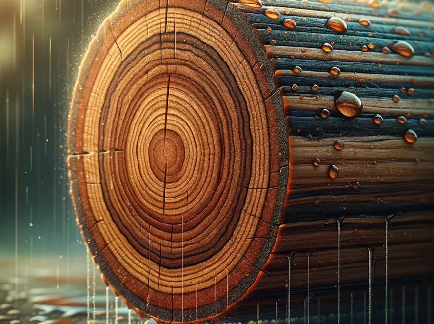 Corte transversal de madera de teca demostrando su resistencia al agua y su rica textura.